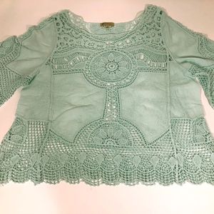 Democracy Light Teal Blue Cotton and Lace Top Size